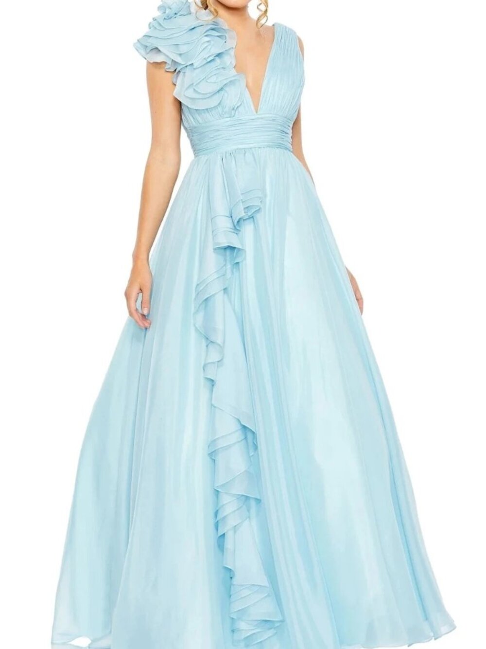 Mac Duggal Powder Blue Ruffle Shoulder V-Neck Chiffon Ballgown